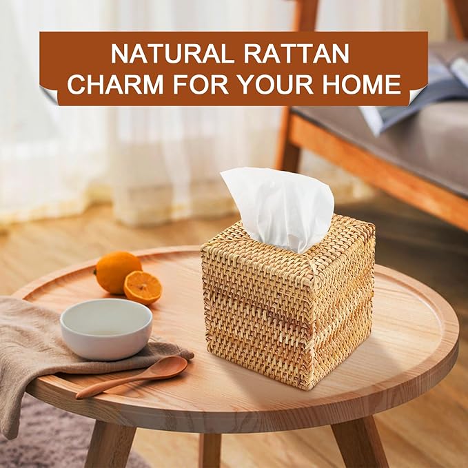4 Pack Rattan Tissue Box Cover Square, Hand Woven Wicker Tissue Holder, Tissue Box Holder, Wicker Tissue Box Cover, 5.5 x 5.5 X 5.5 inch, Natural