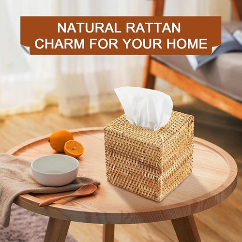 4 Pack Rattan Tissue Box Cover Square, Hand Woven Wicker Tissue Holder, Tissue Box Holder, Wicker Tissue Box Cover, 5.5 x 5.5 X 5.5 inch, Natural