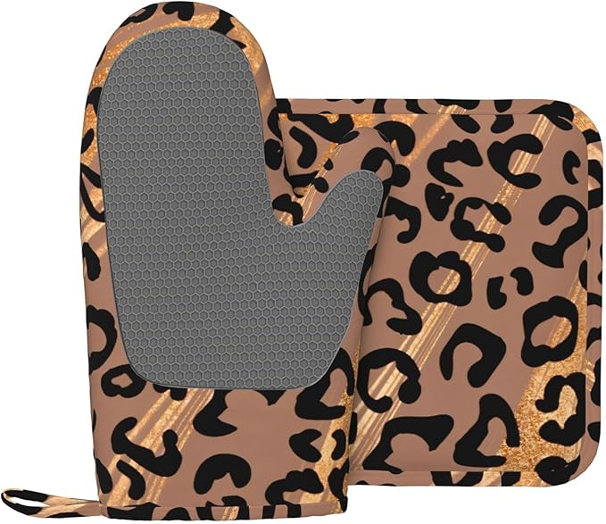 Silicone Oven Mitts and Pot Holders Sets, Home Golden Leopard Print Heat Resistant BBQ Gloves for Kitchen Baking Cooking Grilling Microwave