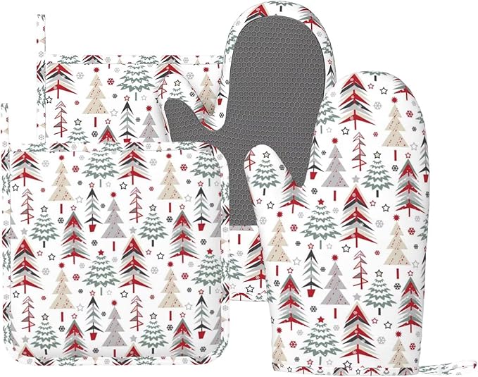 Christmas Trees Oven Mitts and Pot Holders Set, 4pcs Silicone Winter Snowflake Pattern Oven Glove for Kitchen Heat Resistant Christmas Oven Mitts and Potholders Non-Slip for Cooking