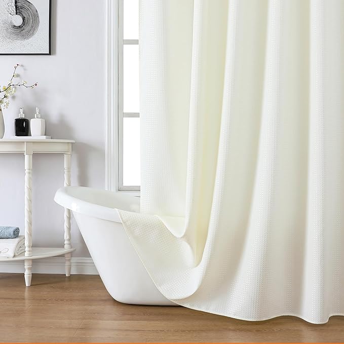 meioro Ivory Shower Curtain, Waffle Weave 256GSM Heavy Duty Textured Fabric Shower Curtains for Bathroom Hotel Spa, Luxury Weighted Polyester Cloth Bath Curtain Set with 12 Hooks, 72Wx84H