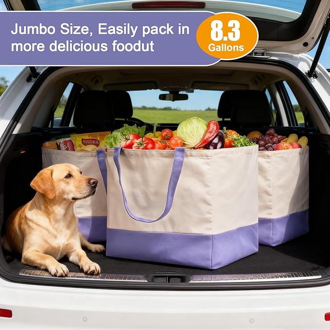 CNaiyunpin Reusable Grocery Bags Heavy Duty, 8.3 gal Foldable Large Canvas Tote Bag with Handles, Holds 60 lbs Canvas Shopping Bags, 3 Pack（Off White+Light purple）