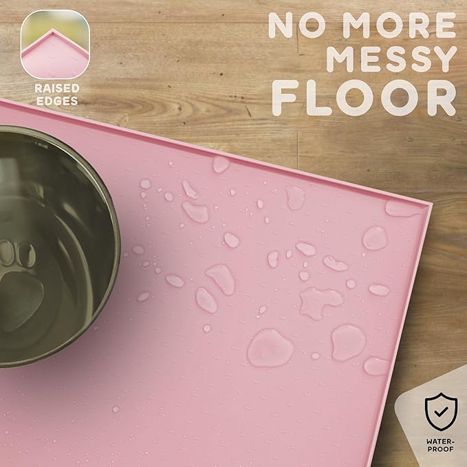 PetHappily Dog Food Mat - Raised Edges Dogs Mat for Food and Water Prevent Spill, Waterproof Cat Food Mats Protect Floors, Easy Clean Dog Bowl Mats for Food and Water, Silicone Pet Food Tray
