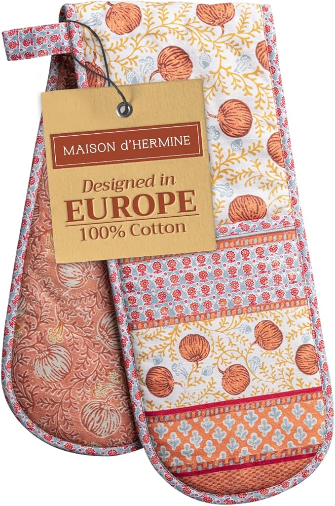 Maison d' Hermine Double Oven Mitt (7" x 35") 100% Cotton Heat Resistant BBQ Cooking Gloves with Loop for Thanksgiving Christmas Decorations Baking Cooking Barbeque Handling Hot Pan (Harvest Festival)