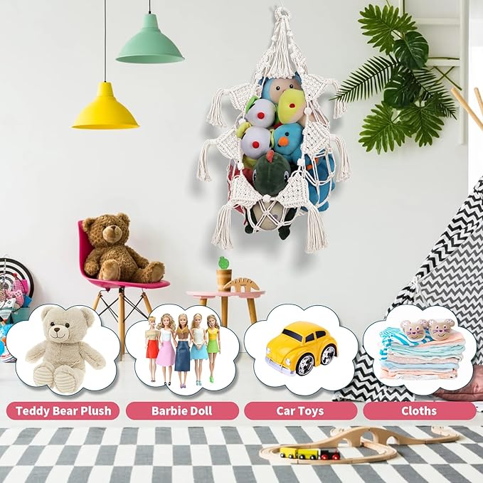 iHansee Stuffed Animals Net w/LED Star Light, 56 Inch Jumbo Toy Hammock Hanging Storage Organizer Holder Nursery Décor for Teddy Plushie, Cream Stuffed Animals Hammock Corner for Kid Girls Boys Gift