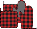 Buffalo Plaid Black and Red Oven Mitts and Pot Holders Set, 4pcs Black Red Plaid Silicone Oven Glove for Kitchen Heat Resistant Oven Mitts and Potholders Non-Slip for Cooking