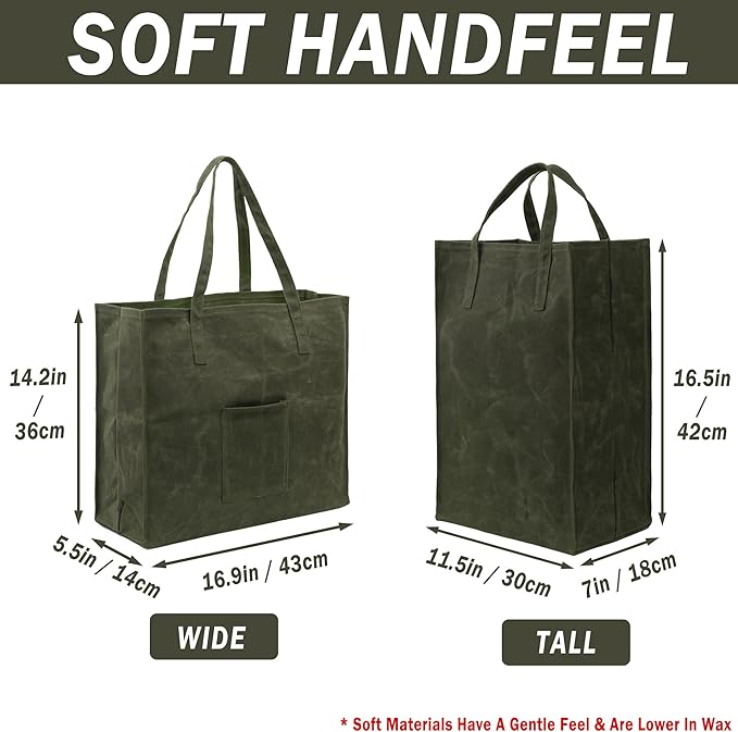 Kaaltisy Waxed Canvas Grocery Bag Eco-friendly Reusable Shopping Bag with Pocket Stylish Market Tote Bag Waterproof Waxed Canvas Beach Bag, Wide, Soft Handfeel