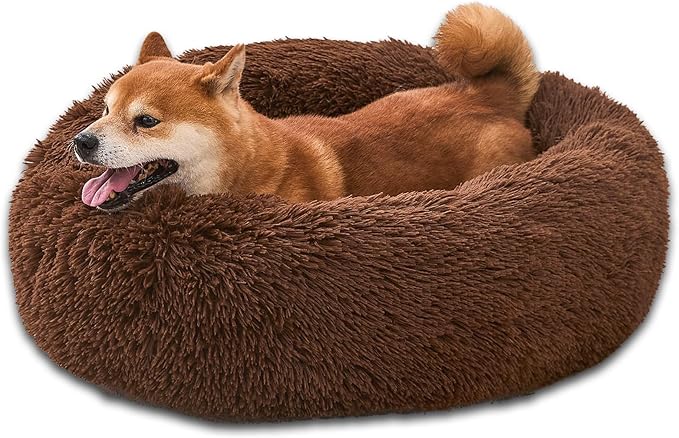 Comfort Donut Dog Bed for Small Dogs, Cat Bed & Pet Bed for Indoor Use, Medium Size with Soft Plush, Round Dog Beds for Large Dogs and Cats(Coffee, 32''Lx32''Wx8''Th)