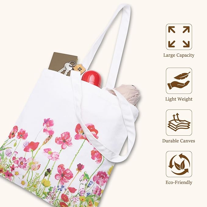 GICDSU Cotton Canvas Floral Tote Bag Aesthetic with Zipper, Reusable Grocery Bags, Beach Foldable ToteBag for Women, Funny Totebag with Inner Pocket for Shopping Travel Gym Work