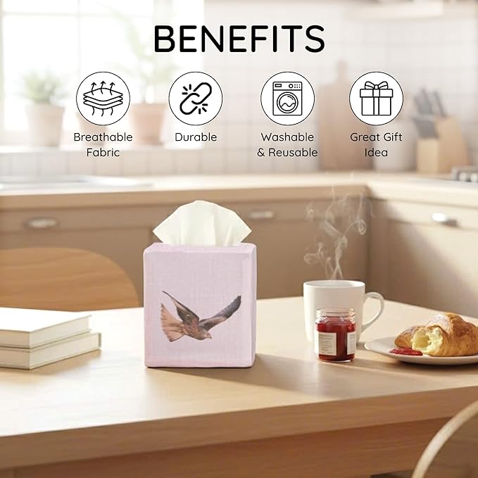 EmbroideryLinen.VN Tissue Box Cover Set of 2, Square Linen Tissue Holder, Printed Animal Pattern, 4.5x4.5x5.5 Inches, Decorative Holder for Bathroom, Living Room, Office (Eagle)