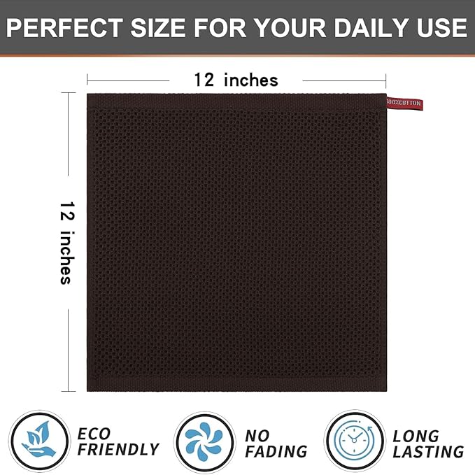 Kitinjoy 100% Cotton Kitchen Dish Cloths, 6 Pack Waffle Weave Ultra Soft Absorbent Dish Towels for Drying Dishes Quick Drying Kitchen Towels Dish Rags, 12 X 12 Inches, Dark Brown