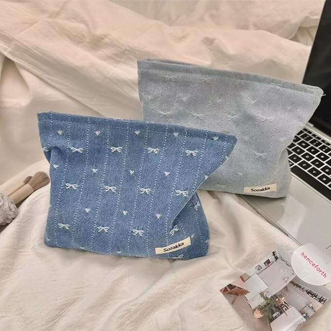 SxoSyo Cosmetic Bags for Women Makeup Bag Large Capacity Purse Travel Toiletry Zipper Storage Pouch Make up Brushes Organizer for Gifts (bowknot, denim blue)