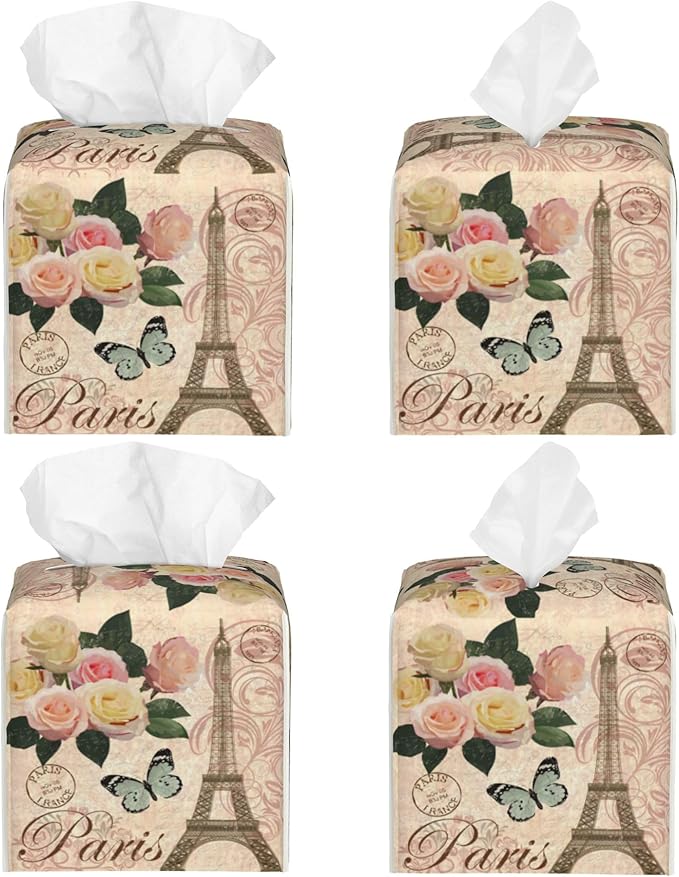 POIUBLE Vintage Paris with Rose Tissue Box Cover Leather Tissue Box Holder Square Facial Paper Organizer Dispenser for Bathroom Kitchen Bedroom Vanity Countertop Night Stands