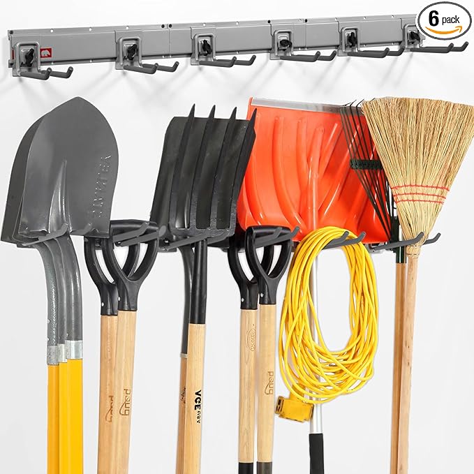 Aking Ace Garage Organization Wall Mount, 48inch Garden Tool Organizer with 6 Clamping Hooks, Heavy Duty, Garage Hanging Storage Rack for Yard Tools, Shovel, Shed, Hold Up to 420lbs (48Inch Grey)