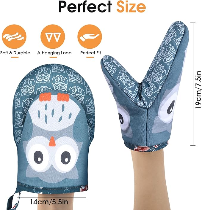 Mini Oven Mitts Cute,Silicone Oven Mitts Heat Resistant 500℉ with Non-Slip Grip and Soft Quilted Cotton Lining for Kitchen Cooking and Baking. Machine Washable-Owls Blue