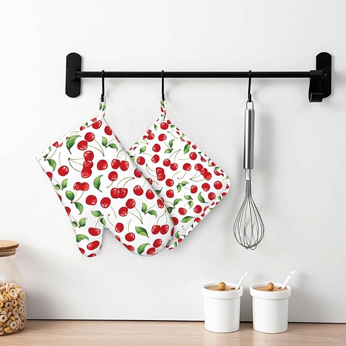 Cherry Fruit Pattern Oven Mitts and Pot Holders Sets Silicone Watercolor Cherries Kitchen Mitts Potholders Heat Resistant 4Pcs Oven Gloves Hot Pads for Kitchen Baking Cooking BBQ Grilling