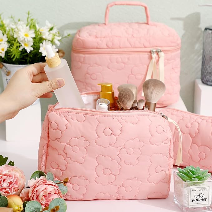 Paterr Makeup Bag Set 3 Pcs Large Quilted Cotton Make up Bags for Women Cosmetic Travel Toiletry Organizer Pouch Cute Aesthetic Storage Purse(Pink,Pink Flower)