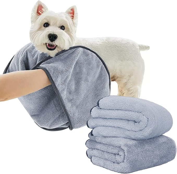 KUEIOX Dog Towels for Drying Dogs Small Medium Large, 2 Pack Dog Cat Drying Bath Towel 30.3"x13.8" with Hand Pocket,Absorbent Pet Towel for Dog Cat Grey