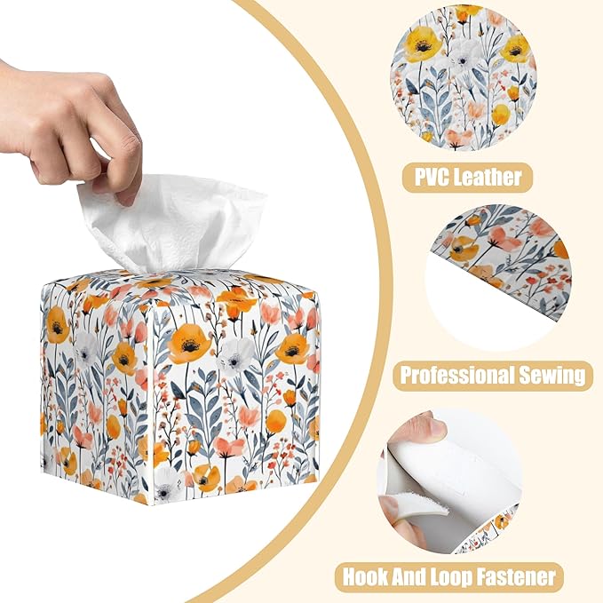 BLYKVGHQ Botanical Square Tissue Box Cover Vintage Wildflowers Tissue Box Holder Facial Cube Paper Dispenser Leather Decorative Organizer Home Office Desk Decor, 5.2"x5.2"x5.2"