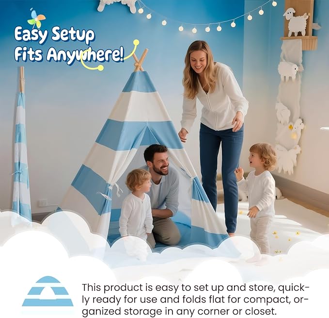 xiaowantong Teepee Tent for Kids with Padded Mat, Lights, and Carry Bag, Washable Playhouse for Indoor Use, Ideal Play Tent for Girls and Boys,Stripe Blue
