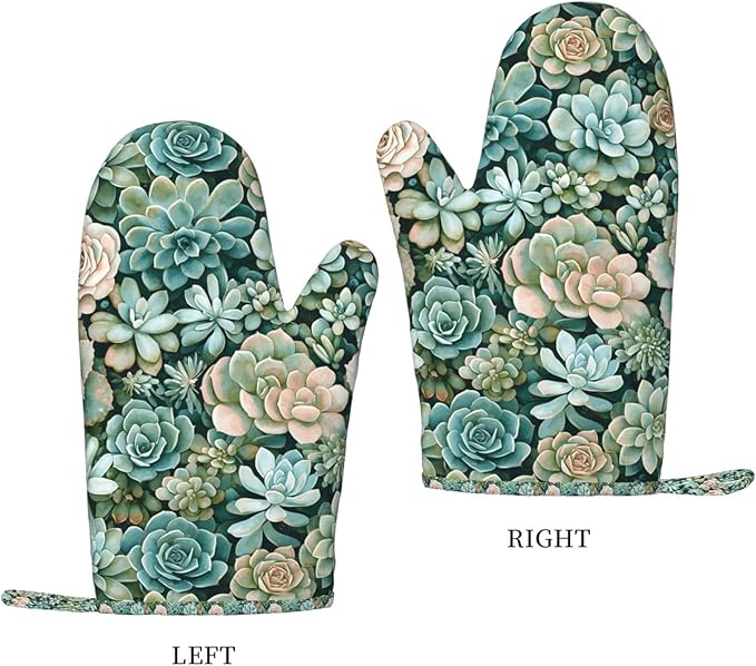 Heat Resistant Oven Mitts 2 Pack, 500°F Silicone Oven Gloves with Non-Slip Grip, Soft Quilted Cotton Lining for Baking, Grilling, BBQ, Cooking (Succulents)