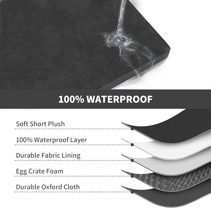 Tail Stories Plush Dog Bed for Medium Dogs, Waterproof Dog Crate Mat Orthopedic Egg Crate Foam Pet Bed with Washable Removable Oxford Cover, Black