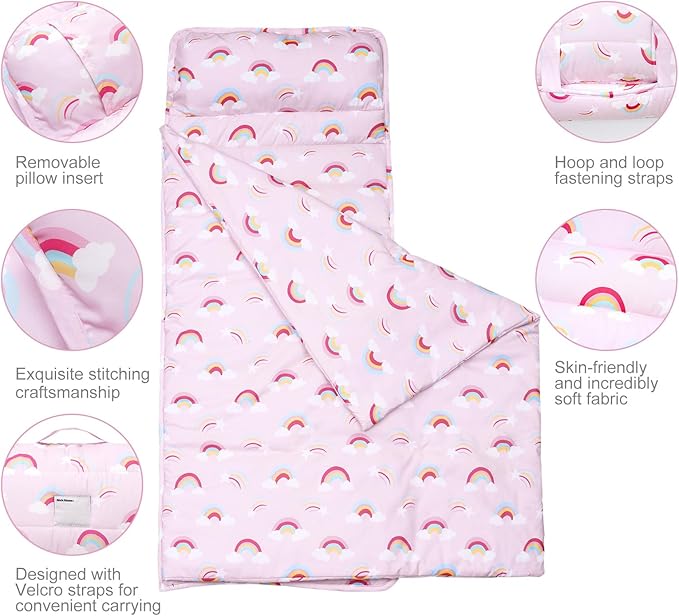 david's kids Toddler Nap Mat Set with Removable Pillow, Ultra Soft Slumber Bags for Girls，Perfect for Preschool, Daycare, Kids Sleeping Bags with Rollup Design, 50"x20", Rainbow