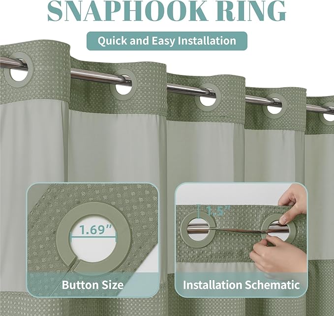 eachope SageGreen No Hook Waffle Weave Shower Curtain with snap-in Liner Replacement, 230GSM Waterproof Fabric Hotel Shower Curtain Set for Bathroom, Through Mesh Top Window,60Wx74H