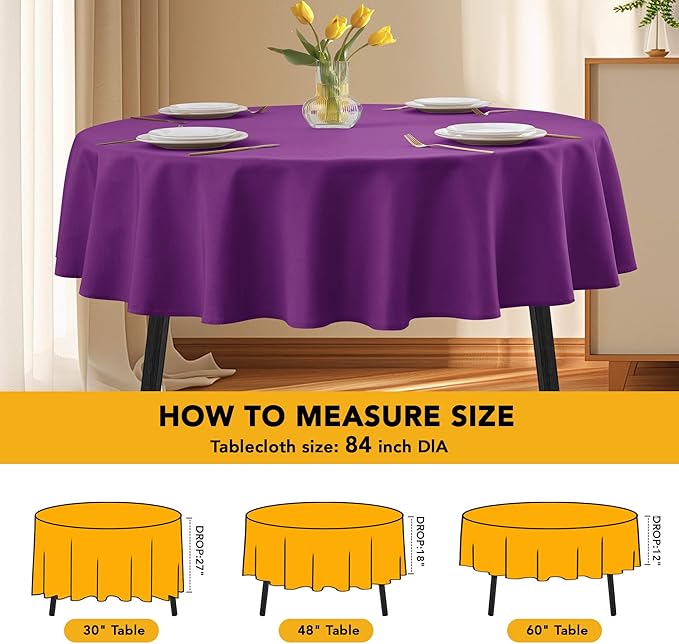 10-Pack Purple Round Tablecloths, 84 Inches, Stain-Resistant Polyester for 3-5 Ft Round Tables - Washable Table Covers for Weddings, Banquets, Birthday Parties, Events