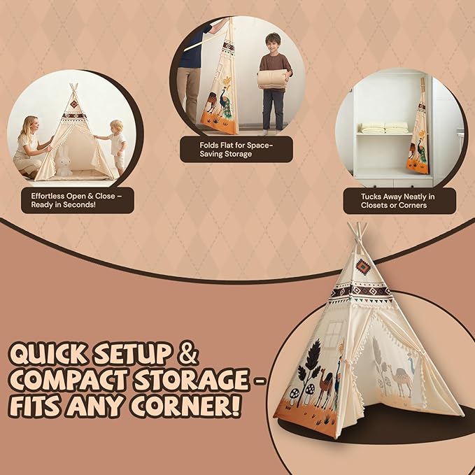 Duwenem Teepee Tent for Kids, Play Tent with Padded Mat & Star Lights, Indoor Play Tent for Girls & Boys, Desert Camel