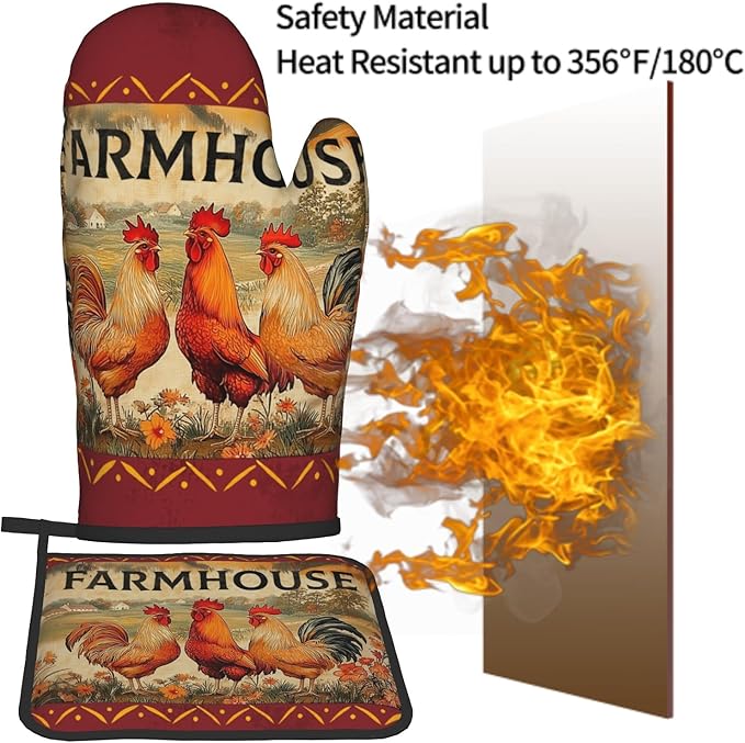 Farmhouse Rooster Oven Mitts and Pot Holder Set of 2 Vintage Chicken with Floral Kitchen Gloves Potholders Heat-Resistant Rustic Oven Gloves Hot Pads for Cooking Baking Grilling
