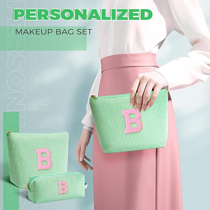 Btffitting Bridesmaid Gifts Wedding Day - Bridal Shower Gifts,Maid of Honor Gifts,Initials Makeup Bag Set Cosmetic Bag - Green,B