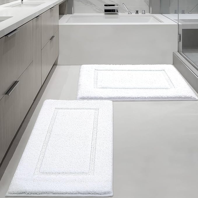 ZOESIOER Bathroom Rugs Sets 2 Piece, Ultra Absorbent Soft Bath Rug, Machine Washable Microfiber Non-Slip Bath Mat for Bathroom Floor, Tub, Toilet, Shower Room, White