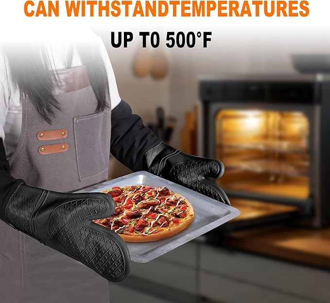 Extra Long Silicone Oven Mitts Heavy Duty Commercial Grade Oven Mitts Heat Resistant BBQ Gloves with Quilted Cotton Lining 2 Pack (Black)