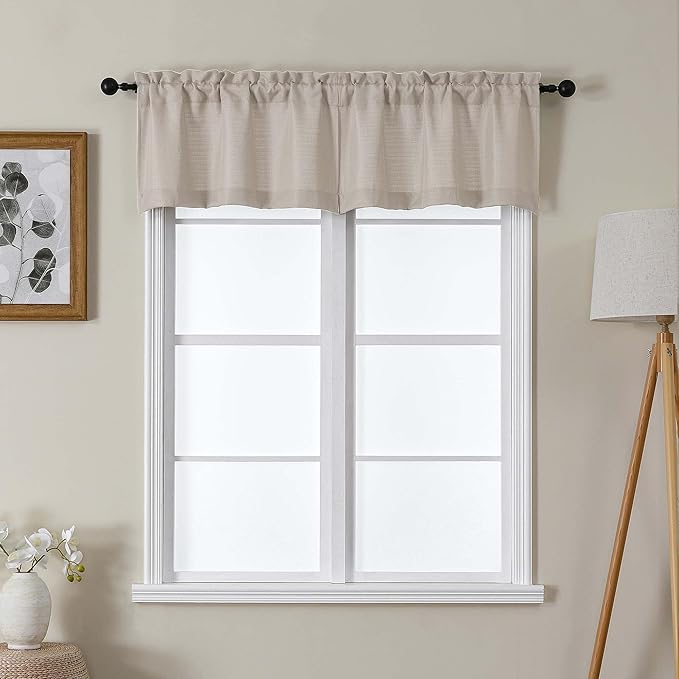 Lecloud Bessie Khaki Valances for Windows 14 Inch Length 2 Pcs, Faux Linen Textured Cafe Kitchen Curtains, Rod Pocket Short Curtains, Window Valances for Bedroom Basement Bathroom, Each 30 W x 14 L