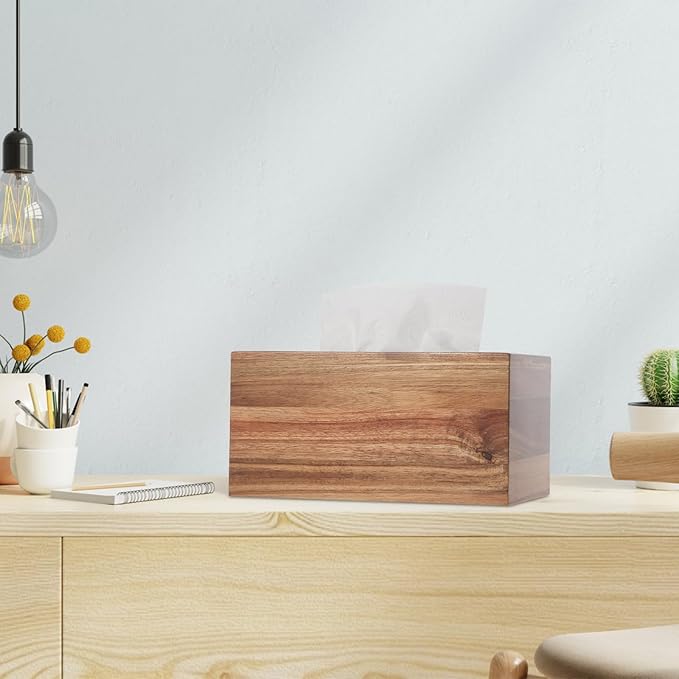 Reviaras Wooden Tissue Box Cover, Tissue Box Holder with Slide-Out Bottom, (Acacia) (Acacia-Rectangle)