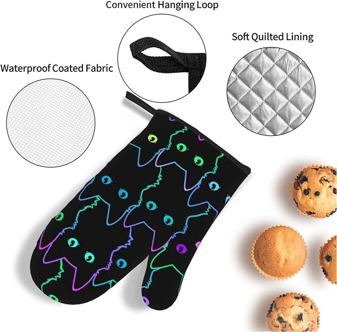 Cute Cat Silhouettes Oven Mitts and Pot Holders 4 Pcs Set Oven Gloves and Potholders for Cooking Microwave BBQ Baking Grilling