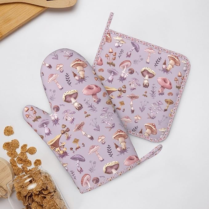 Oven Mitts Pot Holders Set Mushrooms Vintage Botanical Silicone Kitchen Gloves Potholders Heat Resistant for Chef Baking Cooking Grilling BBQ 4 Pack Mitt