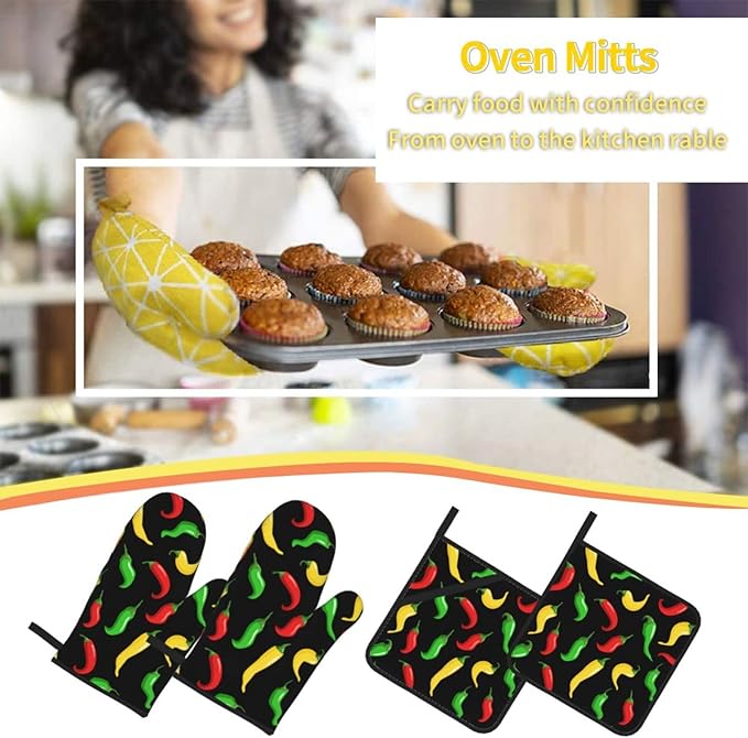 Hot Chili Peppers Oven Mitts and Pot Holders Set of 4, Oven Mittens and Potholders Heat Resistant Gloves for Kitchen Cooking Baking Grilling BBQ