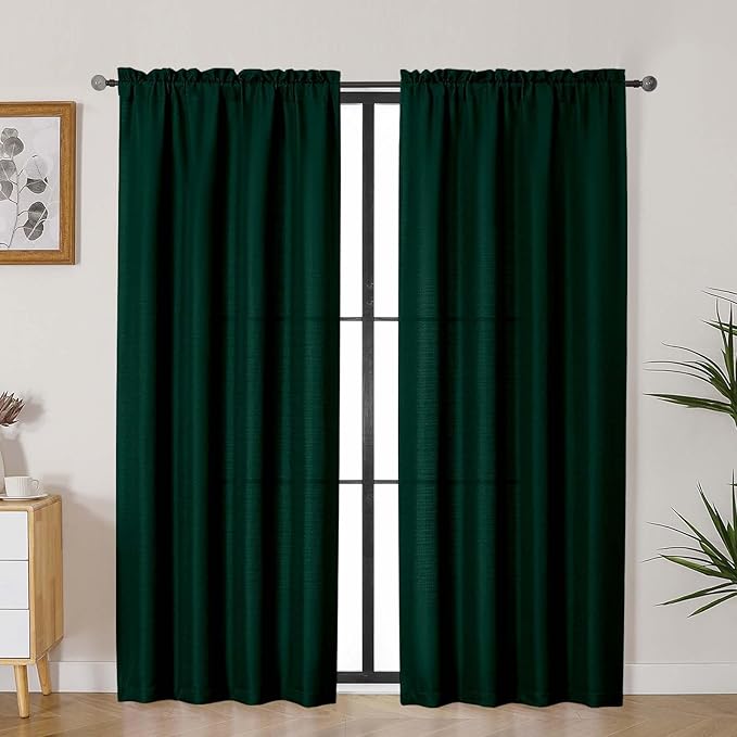 Lecloud Bessie Hunter Green Curtains 72 Inches Long 2 Panels, Airy Faux Linen Textured Living Room Curtains for Bedroom Decor, Light Filtering Rod Pockets Window Drapes, Each Panel 40" W x 72" L