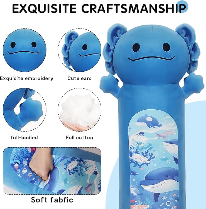 36 inch Long Axolotl Plush Body Pillow, Giant Cute Blue Ocean Axolotl Stuffed Animals, Big Salamander Squishy Soft Plushies Toy, Gifts for Kids Girls and Boys, Birthdays, Halloween, Christmas