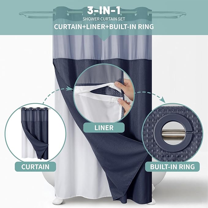 eachope Navy No Hook Waffle Weave Shower Curtain with snap-in Liner Replacement, 230GSM Waterproof Fabric Hotel Shower Curtain Set for Bathroom, Through Mesh Top Window,54Wx80H