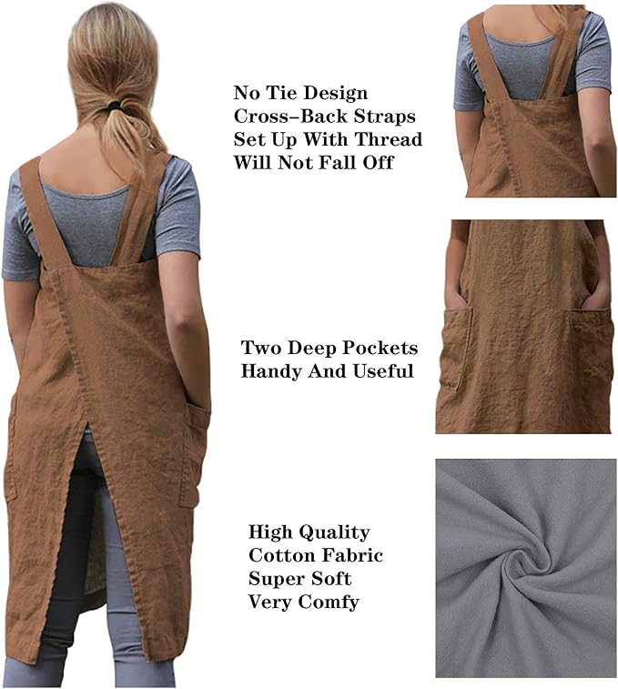 Women's Practical Cross Back Pinafore Apron with Large Pockets Home Kitchen,Restaurant,Coffee house,Cooking Gardening Works