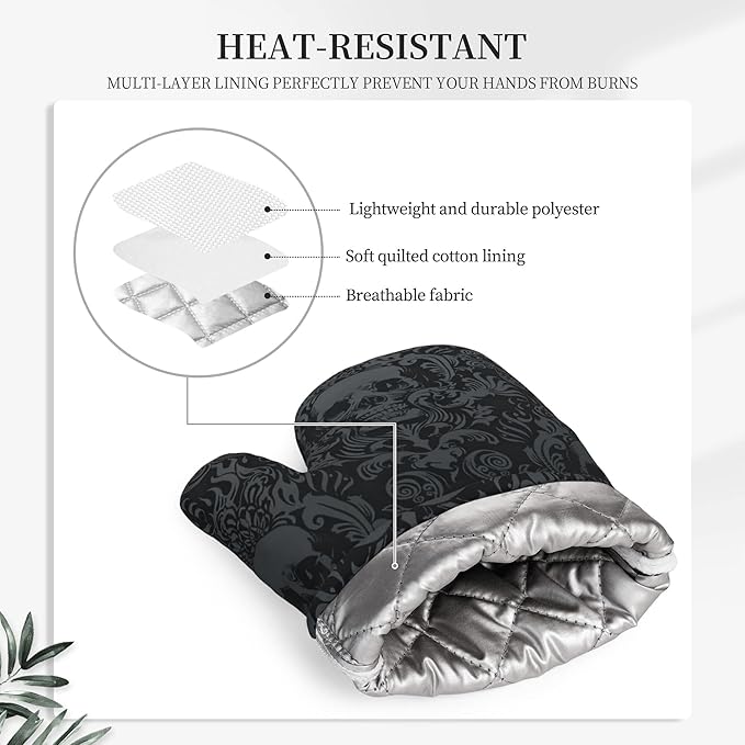 Gothic Skull Oven Mitts and Pot Holders Sets of 4,Resistant Hot Pads with Silicone Non-Slip BBQ Gloves for Kitchen,Cooking,Baking,Grilling
