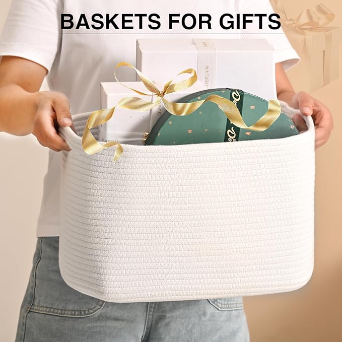 ICERZCZ Woven Cotton Rope Storage Basket for Organizing, Cute Decorative Baskets for Gifts Empty, Organizer Bins for Dog Toy, Baby Laundry, 15“×11”×9.5“, Off White