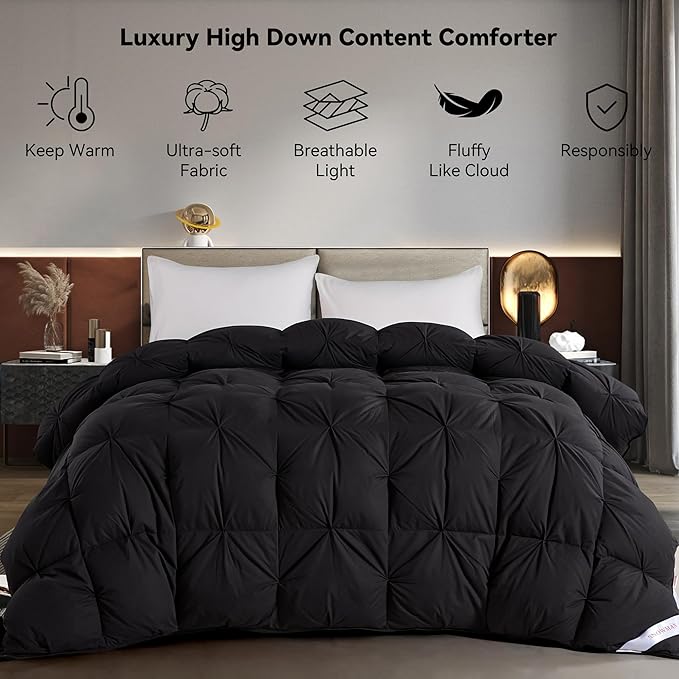 SNOWMAN Premium Down Comforter Cal King Size, Luxurious All Season Duvet Insert with Cotton Blended Fabric, Pinch Pleat Design Hotel Bedding Comforter (Black,108"x98")