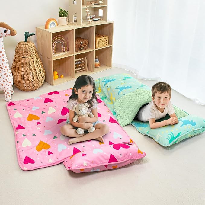Beavtaens Toddler Nap Mat with Pillow and Minky Blanket, Large 55"x35" Sleeping Bag, Washable, Lightweight, Easy to Roll, Perfect for Preschool, Daycare, Kindergarten, Travel, Boys and Girls(Hearts)