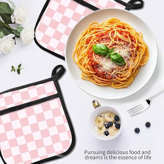 2 Pack Pot Holders for Kitchen Clearance, Cute Hot Pads, Funny Oven Pot Holders, Potholders Sets for Kitchen Heat Resistant Pink Cute Checkerboard