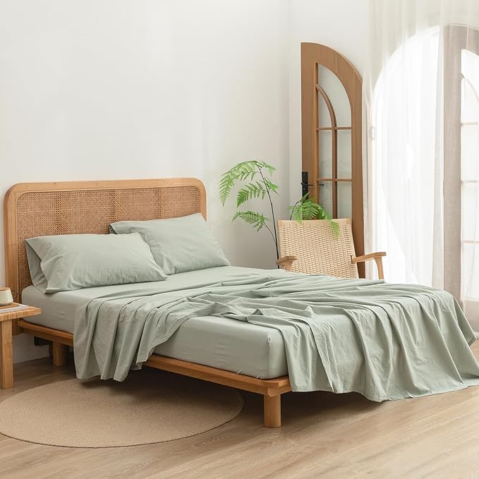 BESTOUCH Sheet Set 100% Washed Cotton Linen Feel Super Soft Comfortable Chic Lightweight 4 Pcs Home Bedding Set Solid Sage Green Cal King