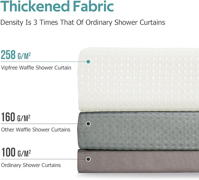 Vipfree 3 in 1 Shower Curtain Set, Waffle Shower Curtain and Liner Set with 12 Double Sided Shower Curtain Hooks, 258GSM Luxury Weighted Cloth Shower Curtains for Bathroom, 72 W x 72 H, Cream